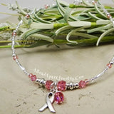 Pink Ribbon Dangle Anklet Beaded