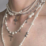 Vintage Metal Long Pearl Cross Pendant Chain Necklace