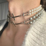 Vintage Metal Long Pearl Cross Pendant Chain Necklace