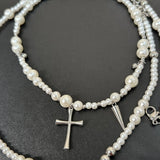 Vintage Metal Long Pearl Cross Pendant Chain Necklace