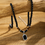 Black Beads with Square Pendant Necklace for Men