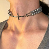 Vintage Metal Long Pearl Cross Pendant Chain Necklace