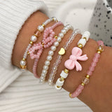 6Pcs/Set Cute Pearl Love Beaded Bow Bracelets Set