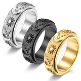 Fine Steel Ring, Rotatable Sun, Moon and Star Motifs