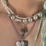 Vintage Metal Long Pearl Cross Pendant Chain Necklace