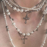 Vintage Metal Long Pearl Cross Pendant Chain Necklace