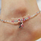 Pink Ribbon Dangle Anklet Beaded