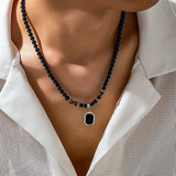 Black Beads with Square Pendant Necklace for Men