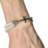 Vintage Metal Long Pearl Cross Pendant Chain Necklace