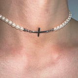 Vintage Metal Long Pearl Cross Pendant Chain Necklace