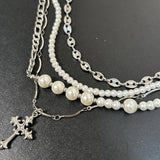 Vintage Metal Long Pearl Cross Pendant Chain Necklace