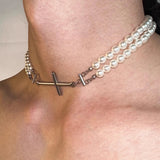 Vintage Metal Long Pearl Cross Pendant Chain Necklace