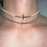 Vintage Metal Long Pearl Cross Pendant Chain Necklace
