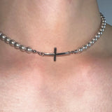 Vintage Metal Long Pearl Cross Pendant Chain Necklace