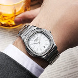 Luxury Fashion Casual Men Silver Stainless Steel Calendar Wristwatch