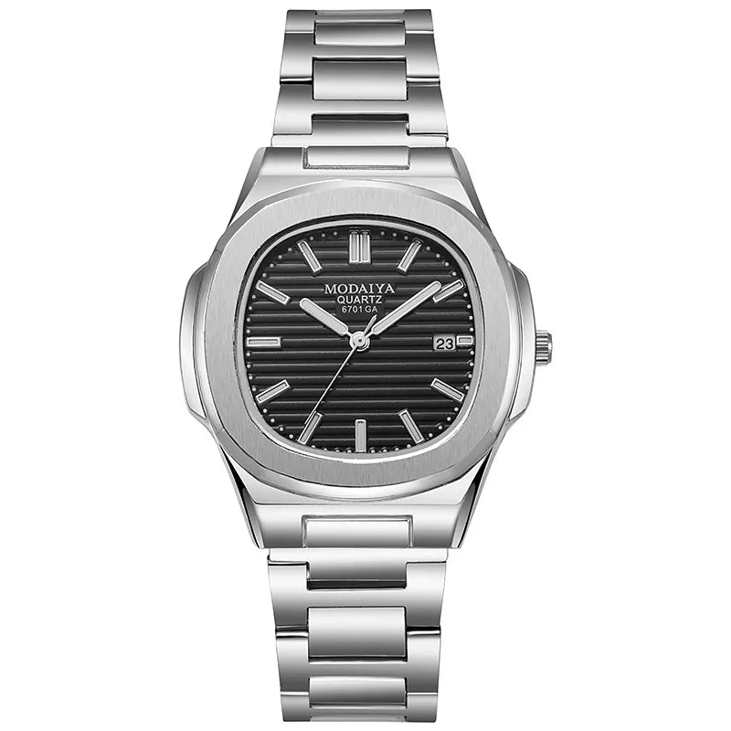 Luxury Fashion Casual Men Silver Stainless Steel Calendar Wristwatch
